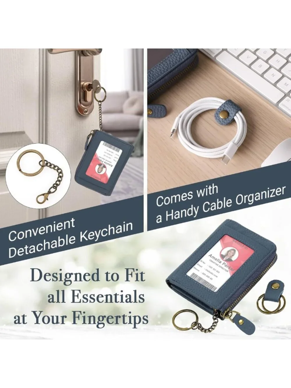 Genuine Leather Card Holder Wallet with Keychain & Cable Organizer - Stylish